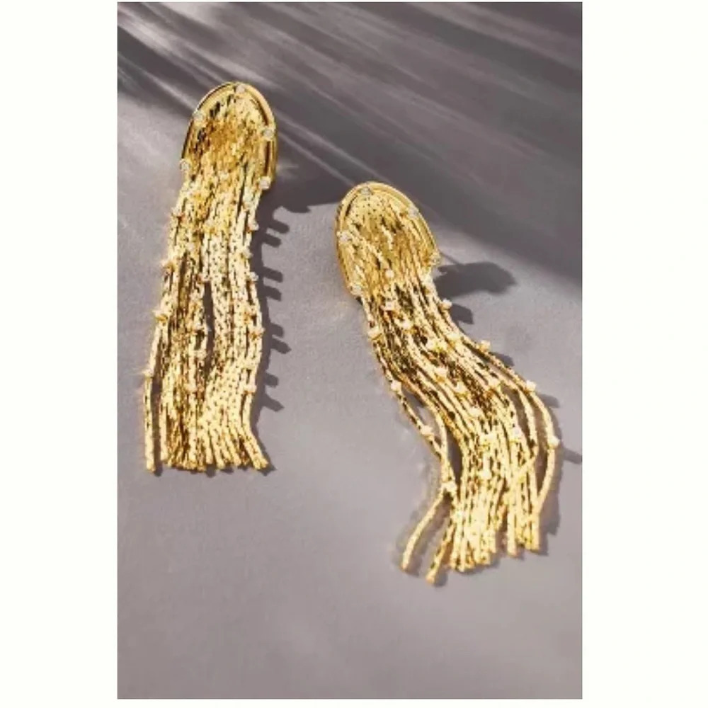 NWT Anthropologie Tassel Gold & Rhinestone Earrings- One Size